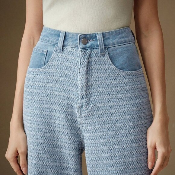 Blue Casual Women's Jacquard Weave Wide Leg Loose Fit Jeans - Picture 3 of 7